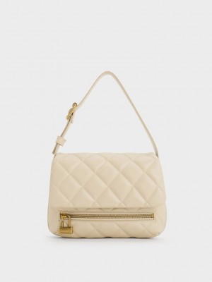 Charles & Keith Swing Kapitone Chain-Handle Bag Bej Rengi | FHDK-35904