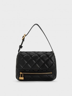 Charles & Keith Swing Kapitone Chain-Handle Bag Siyah | WIMN-43807