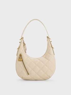 Charles & Keith Swing Padlock Kapitone Crescent Bag Bej Rengi | YEZH-38504