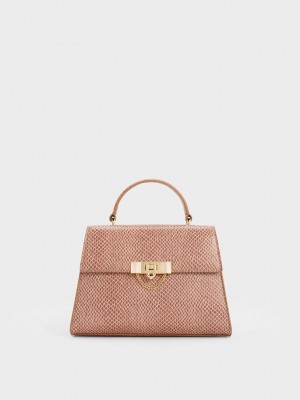 Charles & Keith Tallulah Snake-Print Trapeze Top Handle Bag Pembe | PWHN-56093