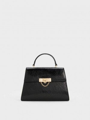 Charles & Keith Tallulah Snake-Print Trapeze Top Handle Bag Siyah | HVQG-10629