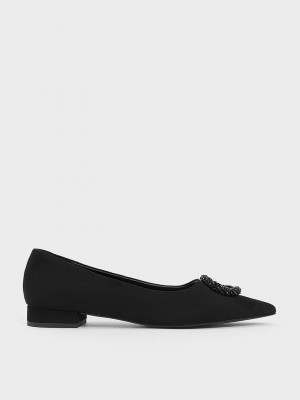 Charles & Keith Textured Beaded Circle Flats Siyah | ZHVS-53489