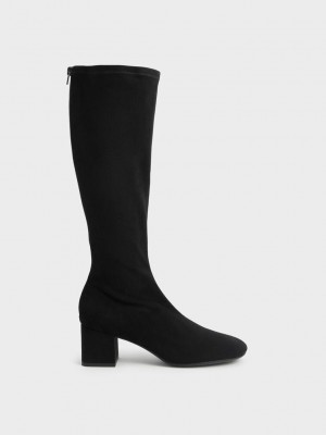 Charles & Keith Textured Block Heel Knee Boots Siyah | ROYZ-10274