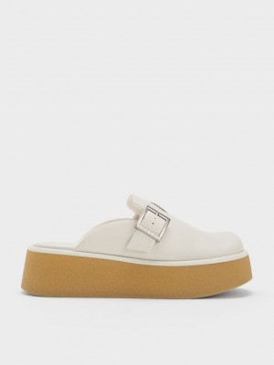 Charles & Keith Textured Buckled Flatform Mules Krema | NHJG-97240