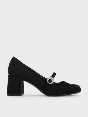Charles & Keith Textured Crystal-Embellished Mary Jane Pumps Siyah | MZVN-95801