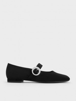Charles & Keith Textured Crystal-Embellished Tokalı Mary Jane Flats Siyah | UZYD-12753
