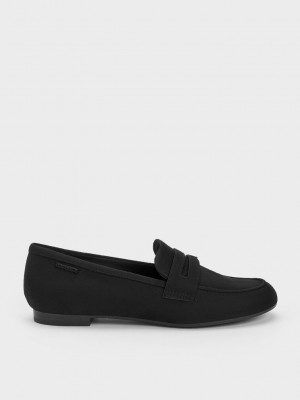 Charles & Keith Textured Cut-Out Almond Burunlu Penny Loafers Siyah | ADKC-62317