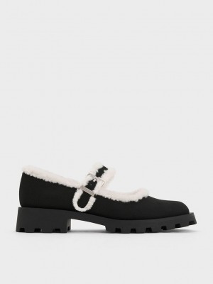 Charles & Keith Textured Fur-Trim Buckled Mary Janes Siyah | ZWBH-65178