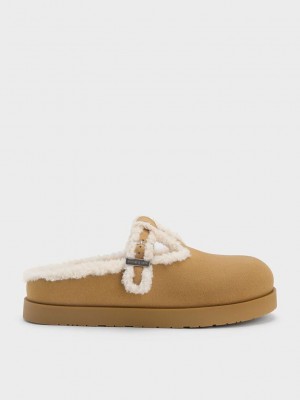 Charles & Keith Textured Fur-Trim Buckled Mules Haki | FUWY-93758