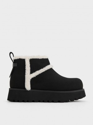 Charles & Keith Textured Fur-Trim Flatform Ankle Boots Siyah | GOYC-87469