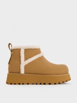 Charles & Keith Textured Fur-Trim Flatform Ankle Boots Haki | VCAX-98601