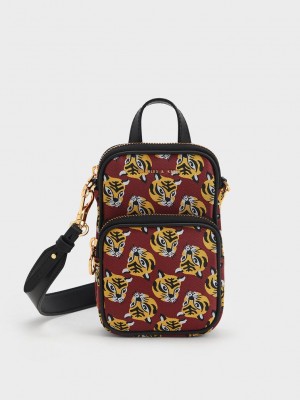Charles & Keith Tiger Print Jacquard Long Crossbody Bag Kırmızı | DMZT-62159