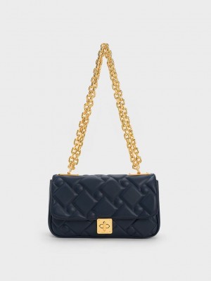 Charles & Keith Tillie Kapitone Chain Bag Lacivert | TOQN-05961