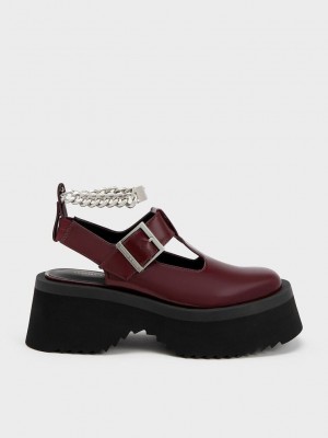 Charles & Keith Tıknaz Chain Cut-Out Mary Janes Bordo | SLHB-91026