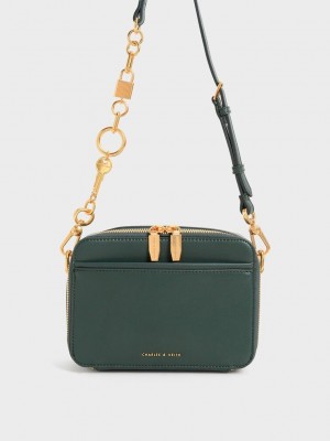 Charles & Keith Tıknaz Chain Handle Two-Way Zip Crossbody Bag Koyu Yeşil | VSHX-96502