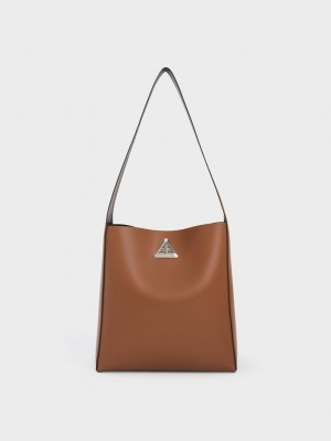 Charles & Keith Trice Metallic Accent Large Hobo Bag Kahverengi | AJSK-40529