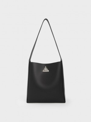 Charles & Keith Trice Metallic Accent Large Hobo Bag Siyah | SEAV-15709