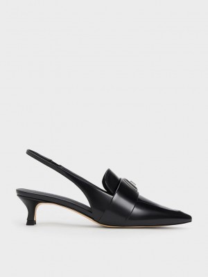 Charles & Keith Trice Metallic Accent Pointed-Burunlu Arkası Açık Pumps Siyah | BEID-89630