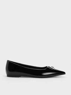 Charles & Keith Trice Metallic Accent Pointed-Burunlu Flats Siyah | AUJM-32197
