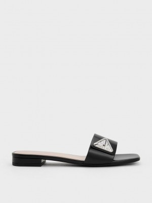 Charles & Keith Trice Metallic Accent Terlik Sandals Siyah | CRPM-01978