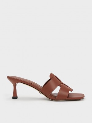 Charles & Keith Trichelle Interwoven Deri Spool Heel Mules Koyu Kahverengi | YKDI-54706