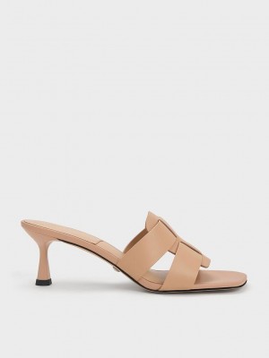 Charles & Keith Trichelle Interwoven Deri Spool Heel Mules Bej Rengi | HYLQ-83514