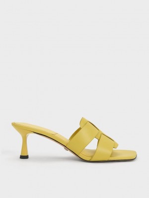 Charles & Keith Trichelle Interwoven Deri Spool Heel Mules Sarı | HPTE-70514