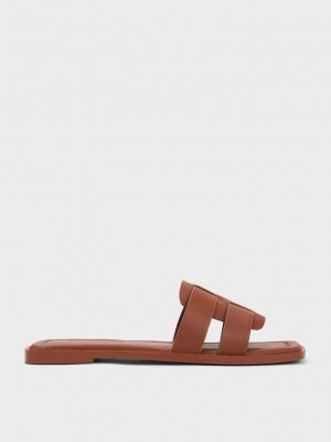 Charles & Keith Trichelle Interwoven Deri Terlik Sandals Koyu Kahverengi | DQRK-59041