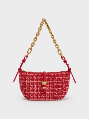 Charles & Keith Trudy Tweed Belted Geometric Bag Kırmızı | NPFL-16375