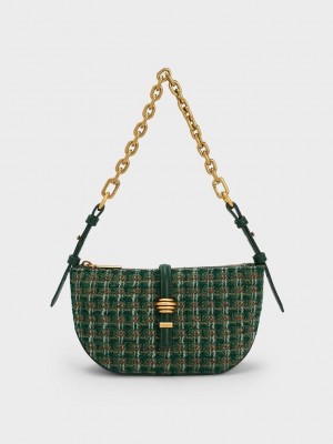 Charles & Keith Trudy Tweed Belted Geometric Bag Koyu Yeşil | HMRN-25493