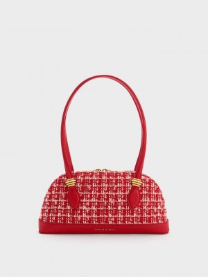 Charles & Keith Trudy Tweed Elongated Handle Shoulder Bag Kırmızı | AMUQ-83129