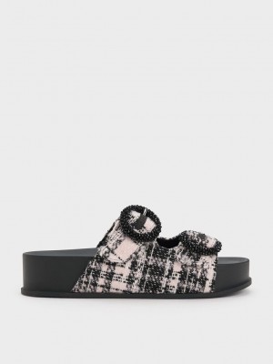 Charles & Keith Tweed Beaded Circle Terlik Sandals Pembe | KHPZ-94567