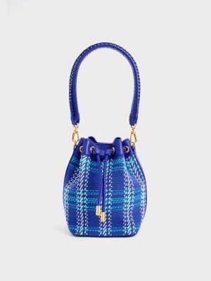 Charles & Keith Tweed Braided-Handle Drawstring Bucket Bag Koyu Mavi | KNEC-53678