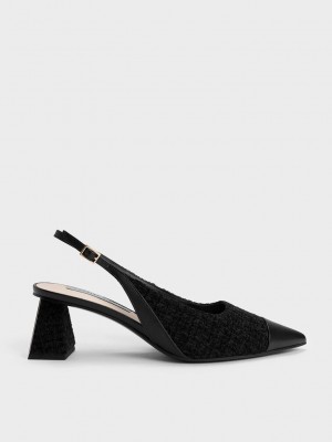 Charles & Keith Tweed Burunlu Cap Arkası Açık Pumps Siyah | YEXZ-01542