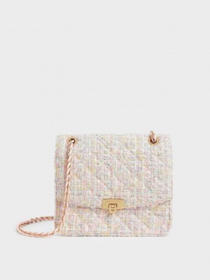 Charles & Keith Tweed Chain Askılı Bag Pembe | ULCN-80935