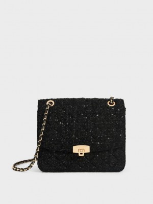 Charles & Keith Tweed Chain Askılı Bag Siyah | PUFM-59486