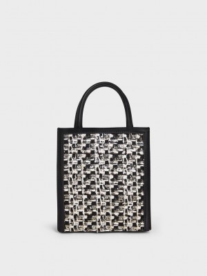 Charles & Keith Tweed Double Handle Tote Bag Siyah | SOLR-84970