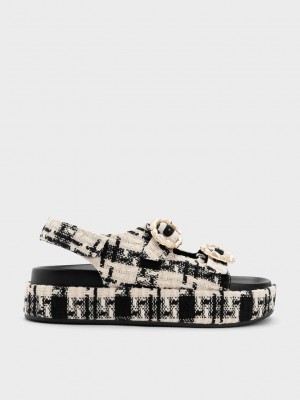 Charles & Keith Tweed Pearl-Tokalı Double Askılı Sandals Siyah | FSEB-05629