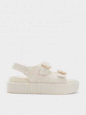 Charles & Keith Tweed Pearl-Tokalı Double Askılı Sandals Pembe | CXES-24583