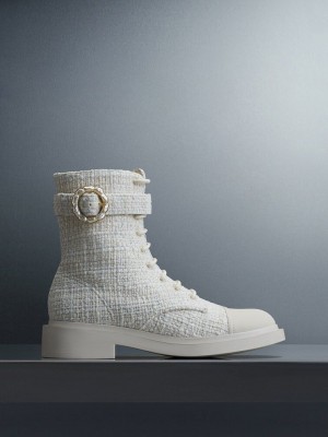 Charles & Keith Tweed Pearl Tokalı Dantel-Up Ankle Boots Pembe | MKTX-43618