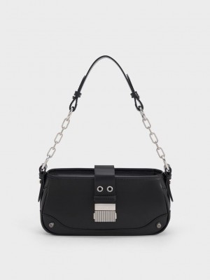 Charles & Keith Winslet Belted Shoulder Bag Siyah | OXLM-35806