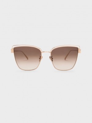 Charles & Keith Wire-Frame Cat-Eye Sunglasses Pembe Altın | RQAL-72416