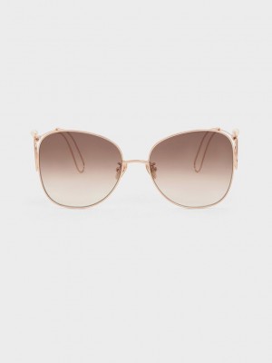Charles & Keith Wire Frame Butterfly Sunglasses Pembe Altın | EUYT-58946