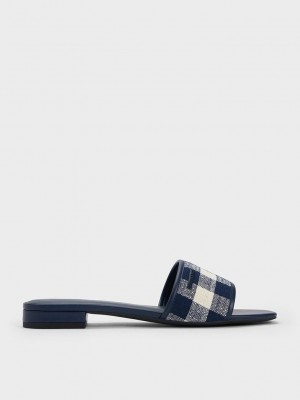 Charles & Keith Woven Gingham Düz Sandals Koyu Mavi | JOUN-02458