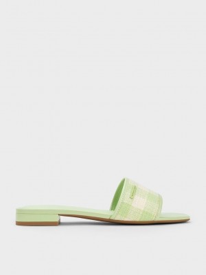 Charles & Keith Woven Gingham Düz Sandals Yeşil | VHLT-89674