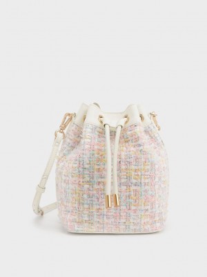 Charles & Keith Woven Handle Tweed Bucket Bag Açık Pembe | IEWQ-50869
