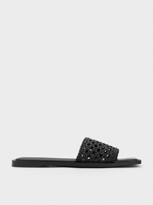 Charles & Keith Woven Square-Burunlu Slides Siyah | CDSN-12503