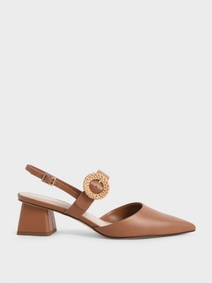 Charles & Keith Woven Tokalı Arkası Açık Topuklu Pumps Caramel | BHFK-74608