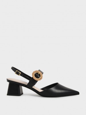 Charles & Keith Woven Tokalı Arkası Açık Topuklu Pumps Siyah | VUPZ-49056