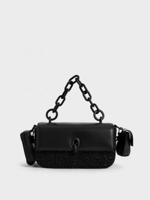 Charles & Keith Wren Acrylic Chain Handle Tweed Bag Siyah | YHKQ-12869